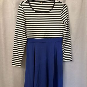 Striped Black and White Top with Blue Skirt Dress